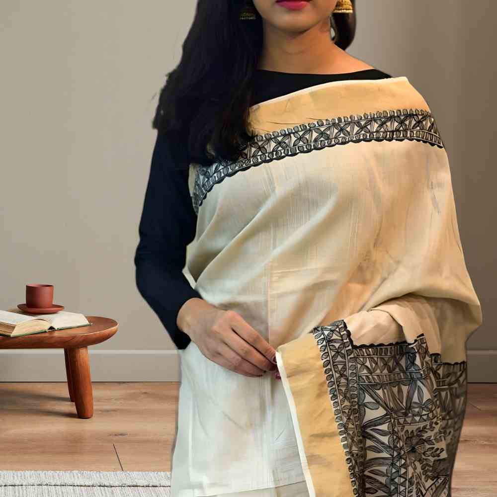 Madhubani Saree with Abstract Nature Madhubani Handpainting Saree